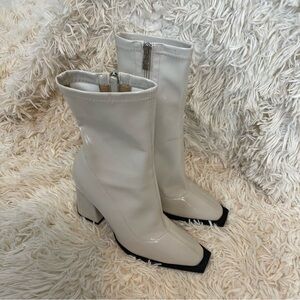 Princess Polly grey shiny SQUARE TOE BLOCK HEEL ANKLE SOCK BOOT SZ 6 side zip